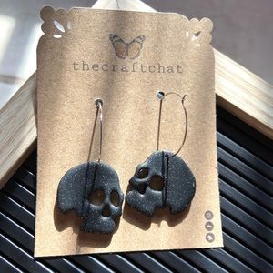 Black sparkle skull hoop polymer clay earrings